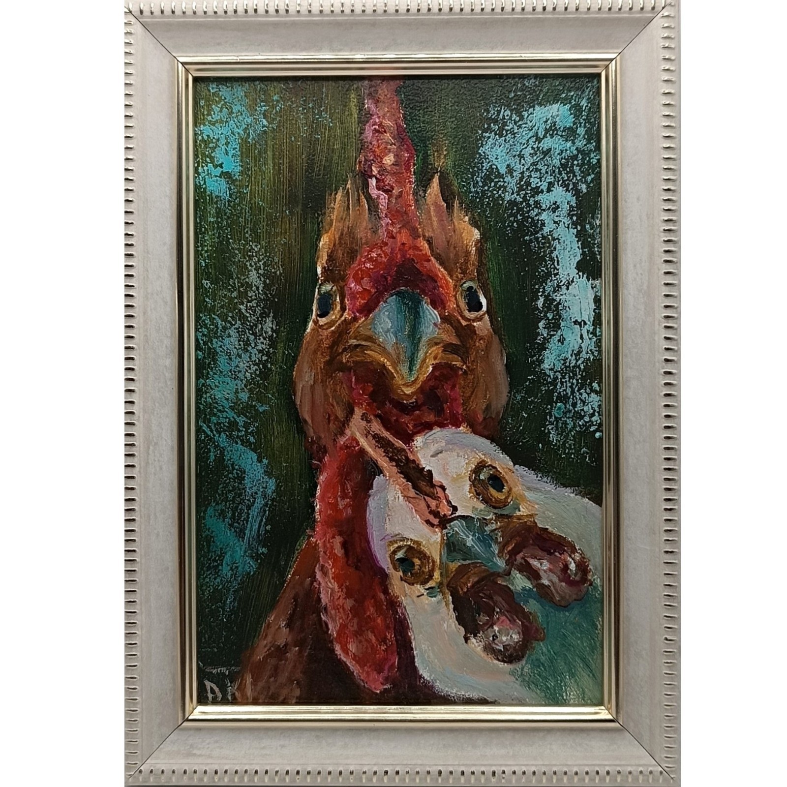 Original Rooster Oil Painting Framed Miniature Funny Chicken Farmhouse Art