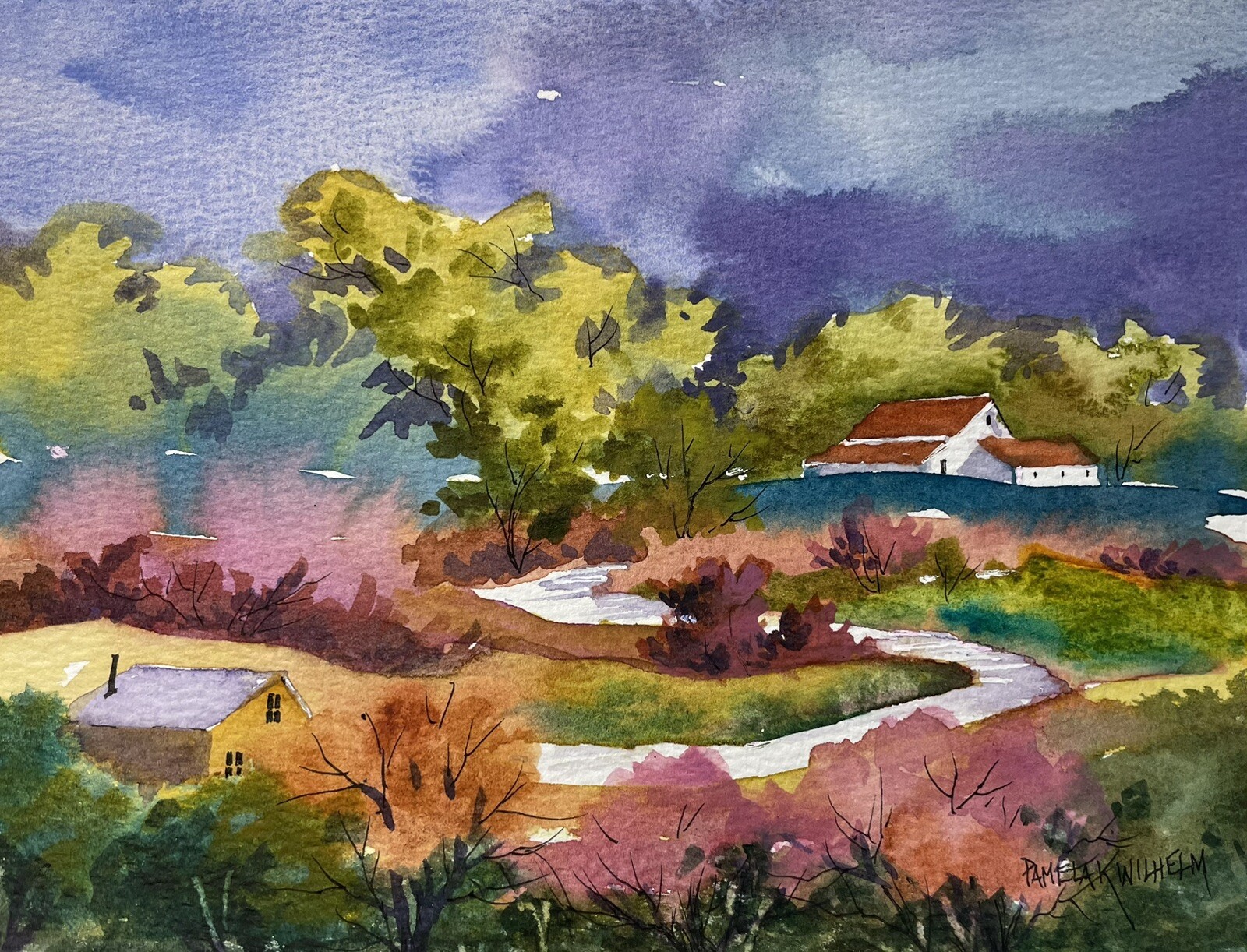 Pamela Wilhelm Watercolor 6”x8” Whimsical 1950s style landscapes Houses Trees
