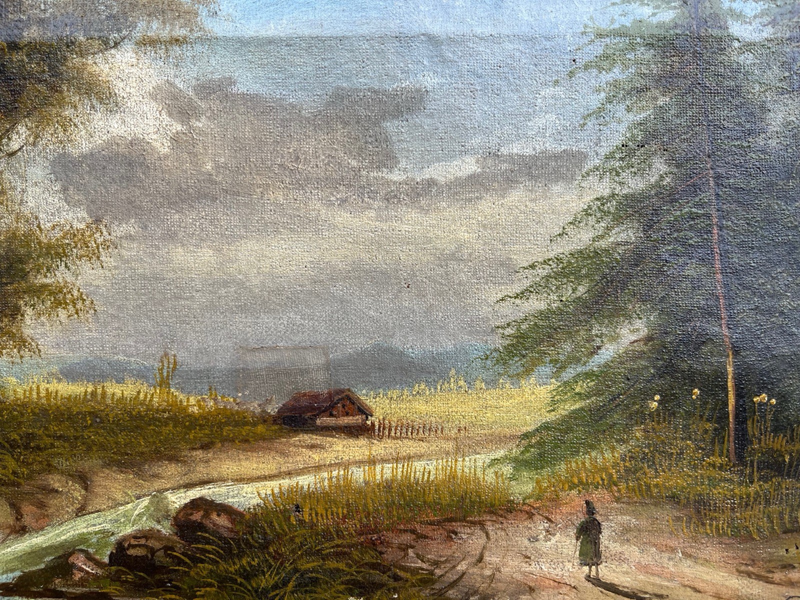 Impressionist Forest Landscape With Cottage And Person Oil Painting 19th Century
