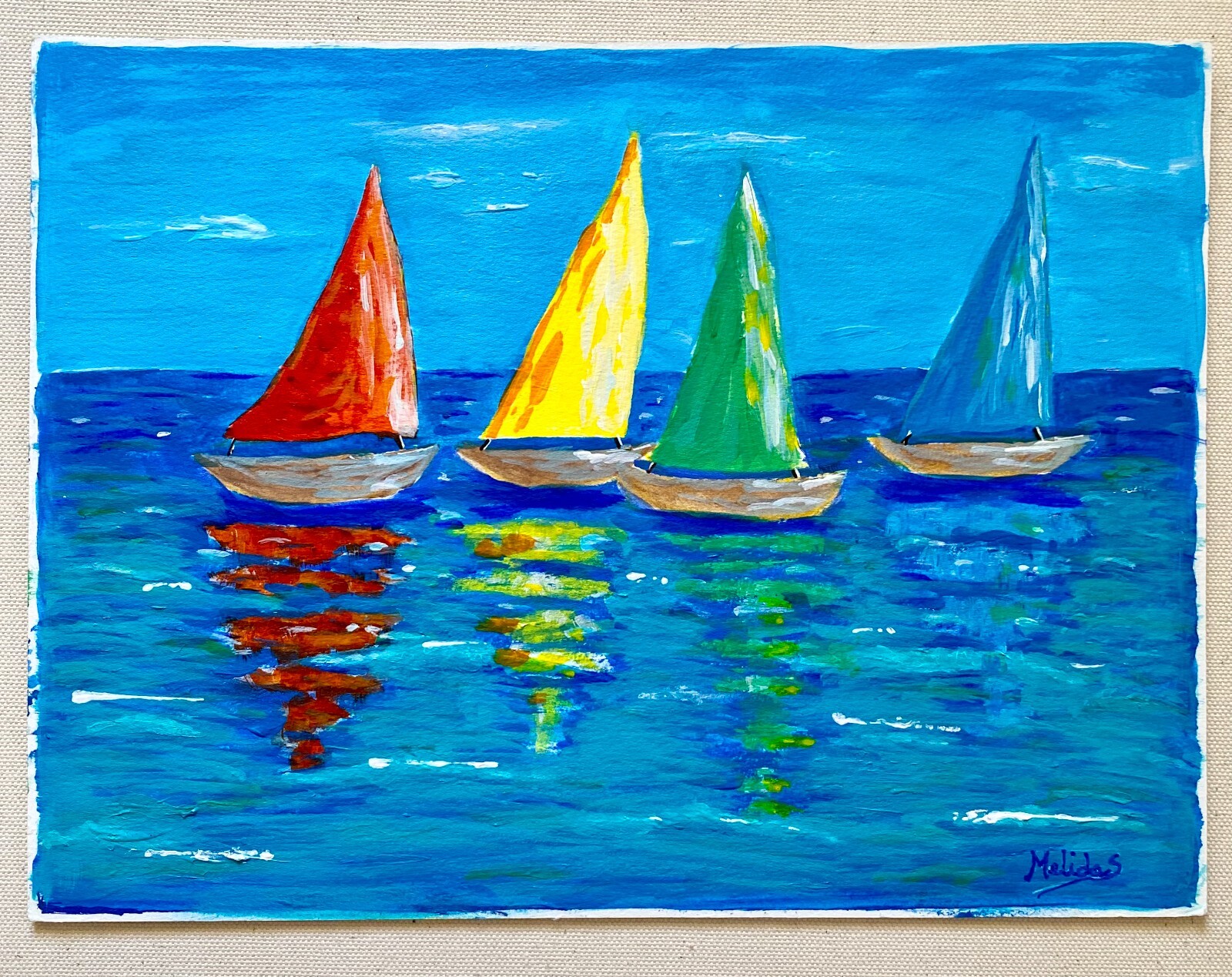 Colorful Sailing ship Painting, Nautical Original Art, Abstract Boat Painting