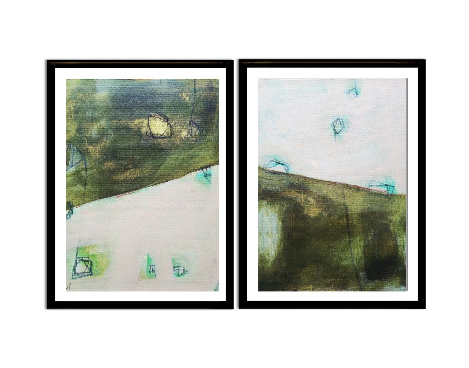 Elvi Set Of 2 Green Abstract 8×10 Paintings on Canvas Board Modern Contemporary