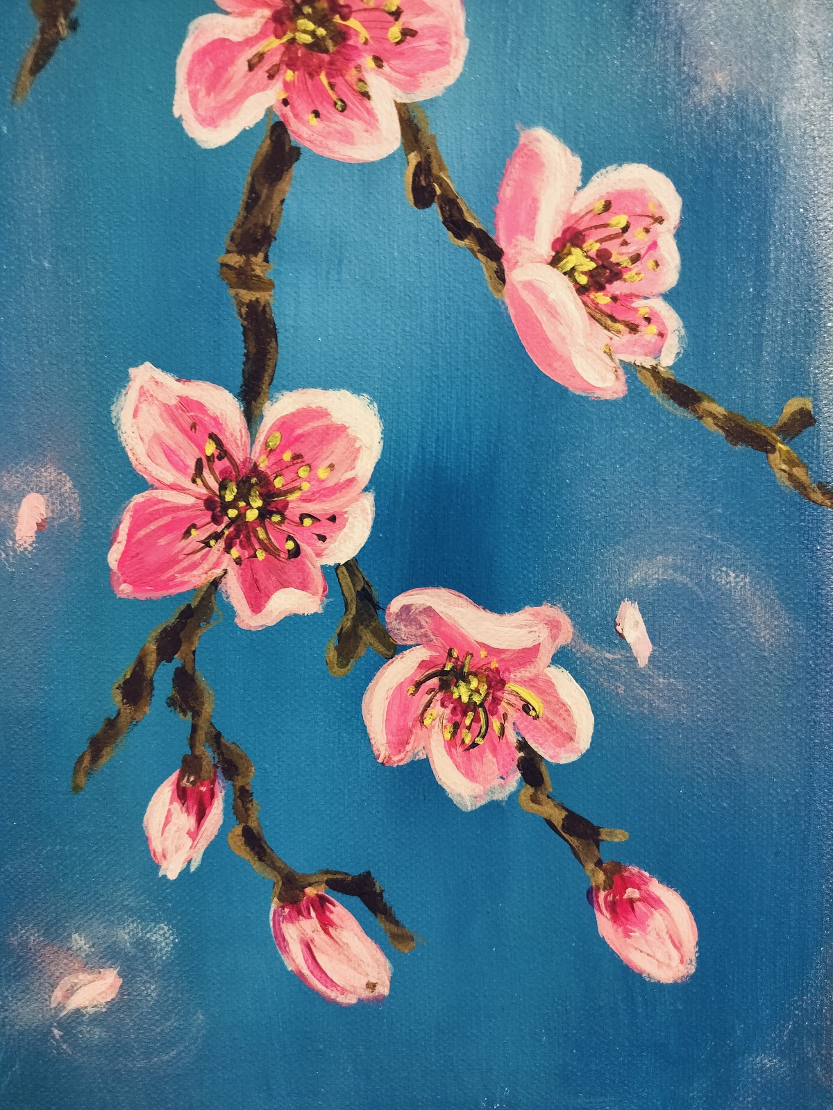 Acrylic painting on canvas cherry blossom pink on blue background