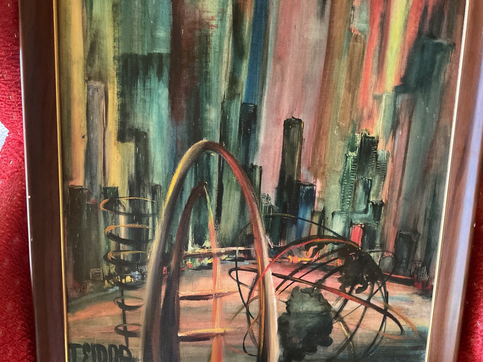 Vtg abstract PAINTING cityscape landscape mid century modernist mcm framed