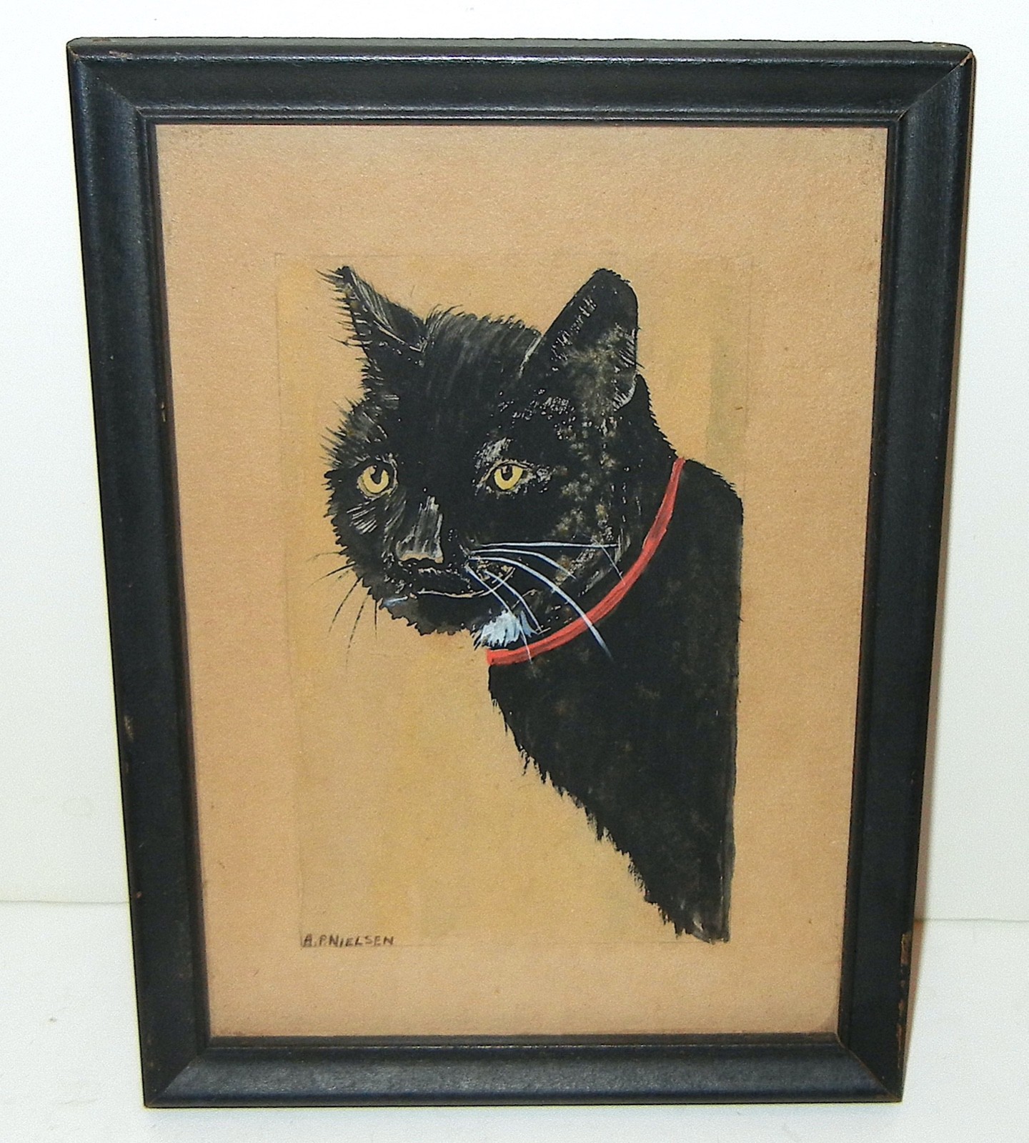 VINTAGE BLACK CAT PORTRAIT WATERCOLOR PAINTING A.P. NIELSEN