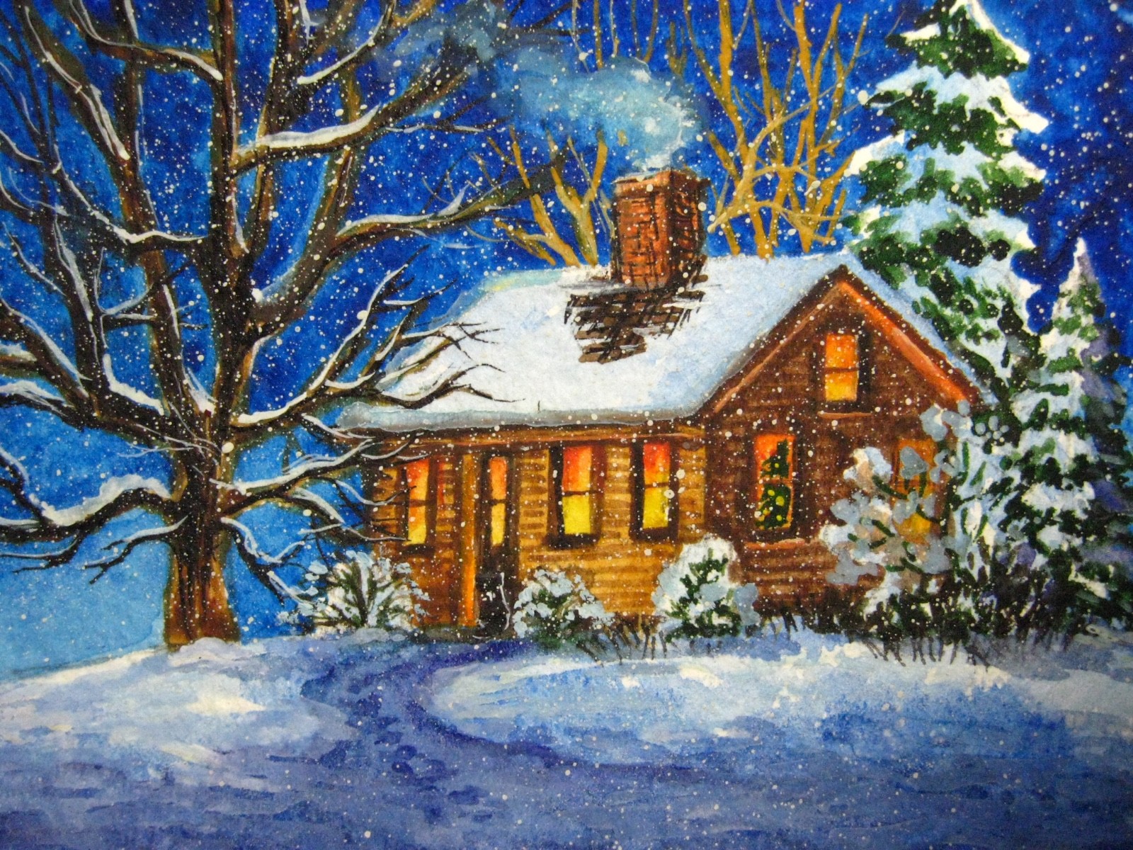 Painting Winter Snow House Cabin Country Pine Tree Forest Nature ACEO Art