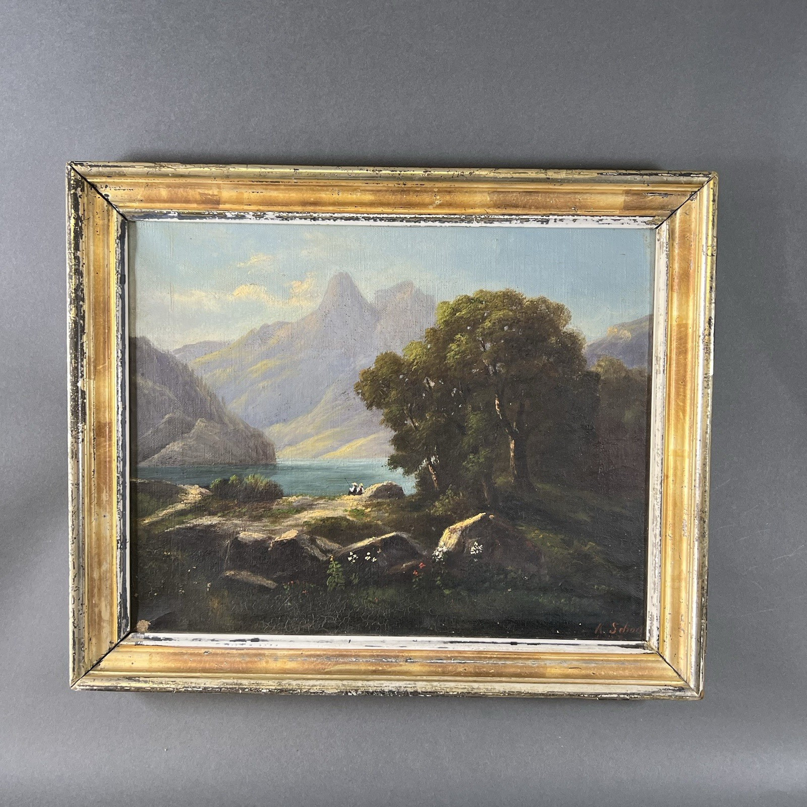 Romantic Karl Schoch (1848-1903) Landscape Oil Painting 19th jh mountain lake