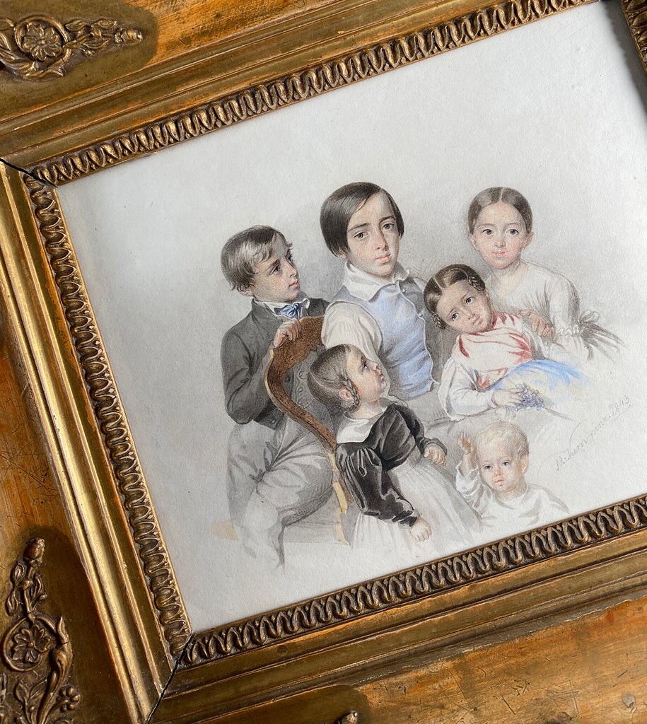 Rare c.1843 Masterpiece Portrait Miniature, 6 Children in Frame, Listed Artist
