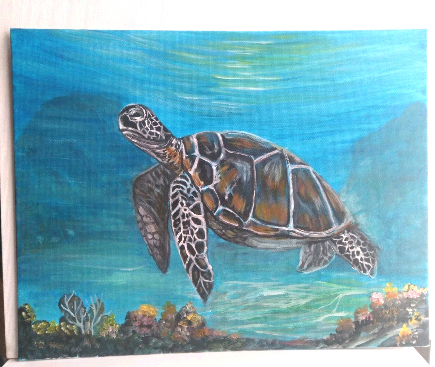 Original Acrylic Painting 11×14 Sea Turtle Beach House Seaside Coastal Wall Art