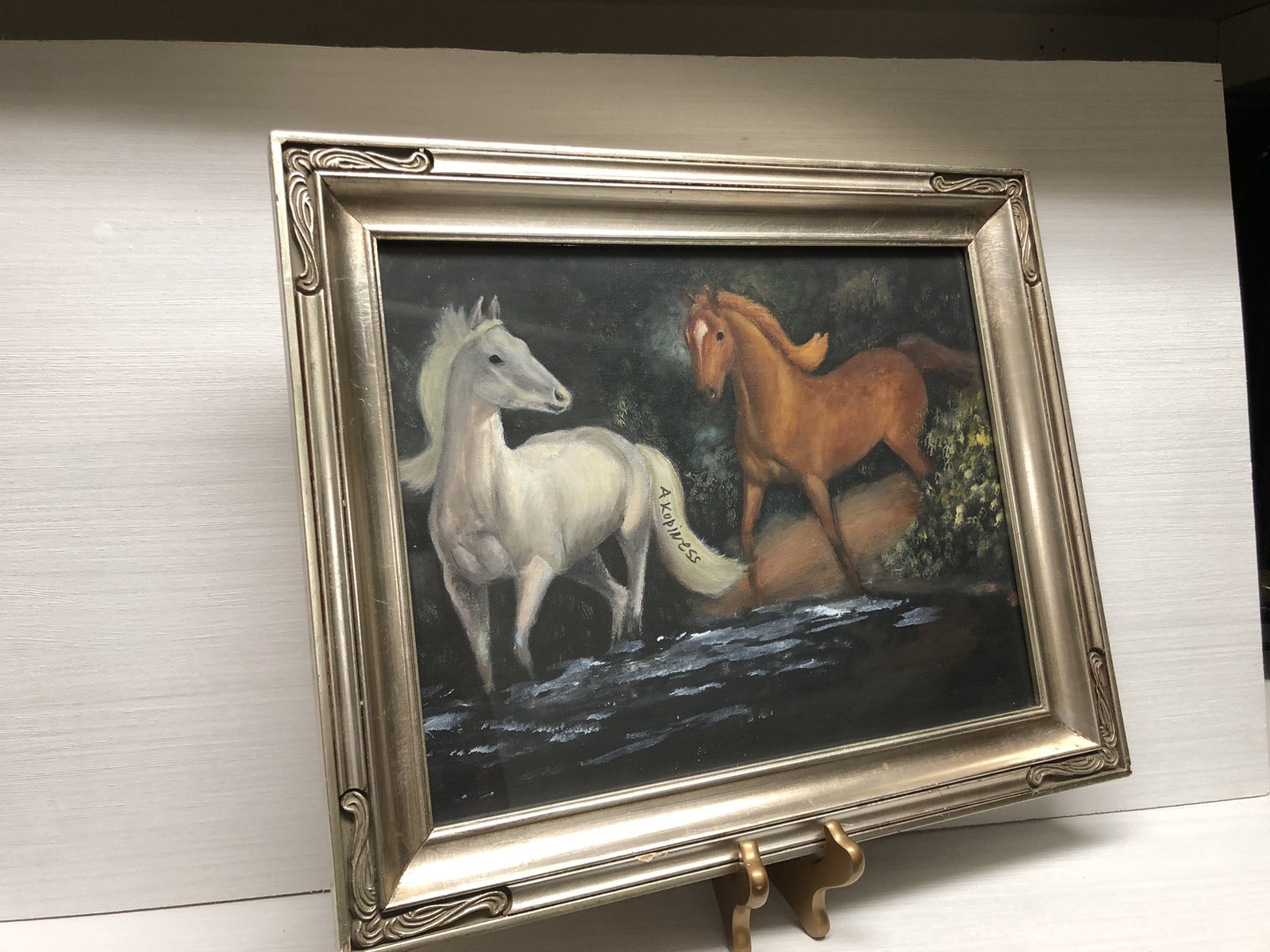 VTG Original Signed Oil On Canvas Painting Two Horses Wading In Water Framed 17”