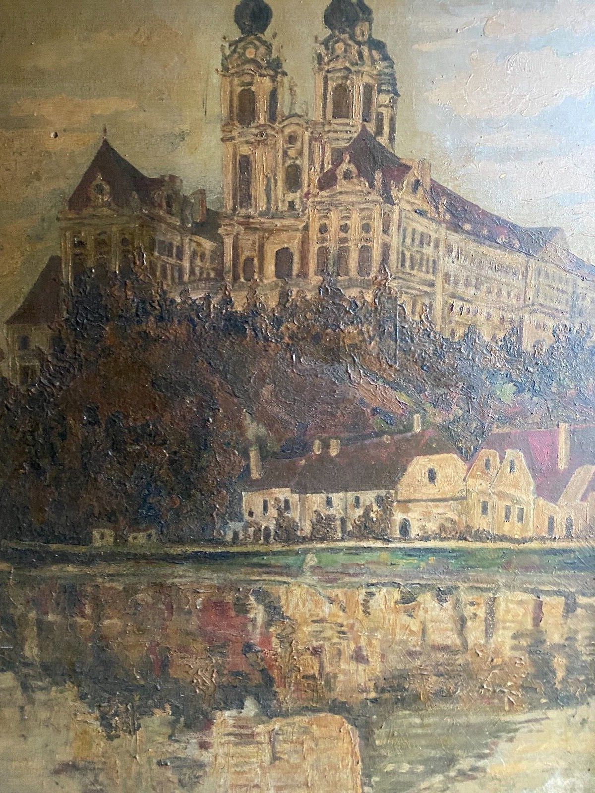 Oil Painting Um 1920 Pencil Milking at The Danube Church Expressionist Antique