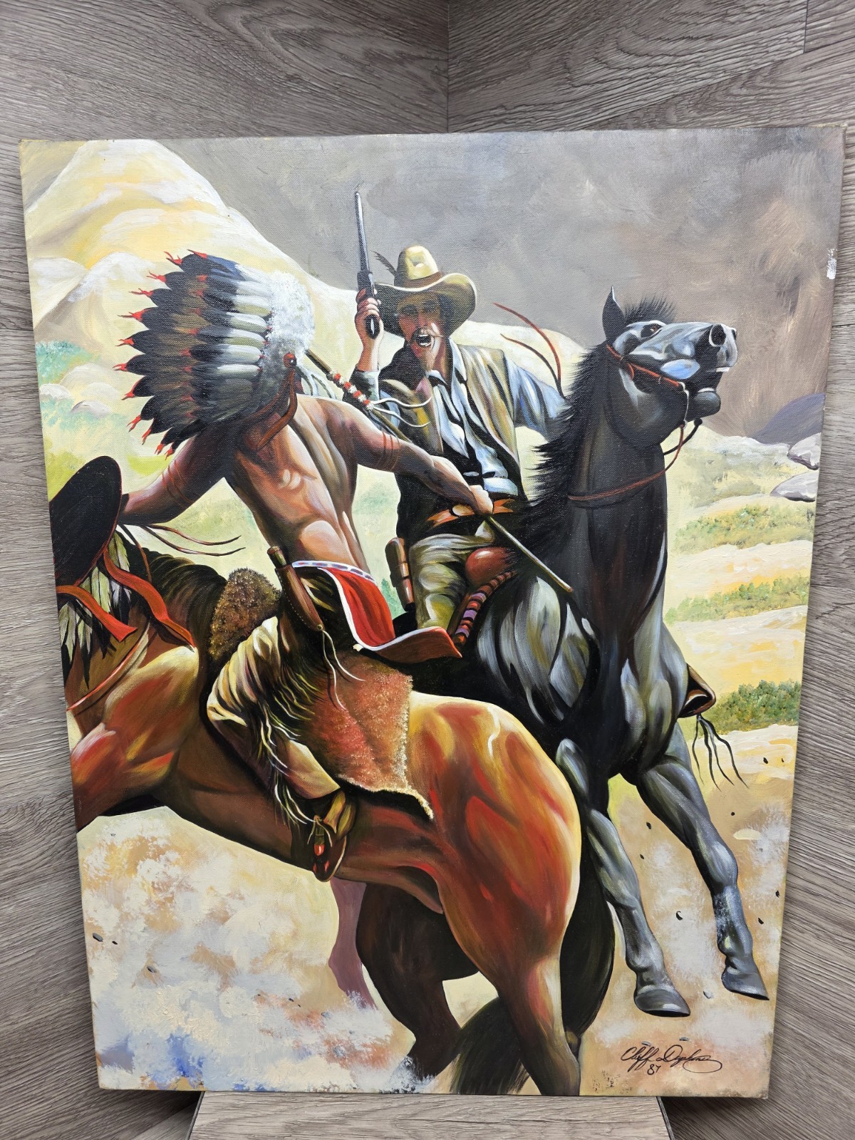 Vtg Native American & Cowboy Western Maine Artist Cliff Duphiney Oil Canvas