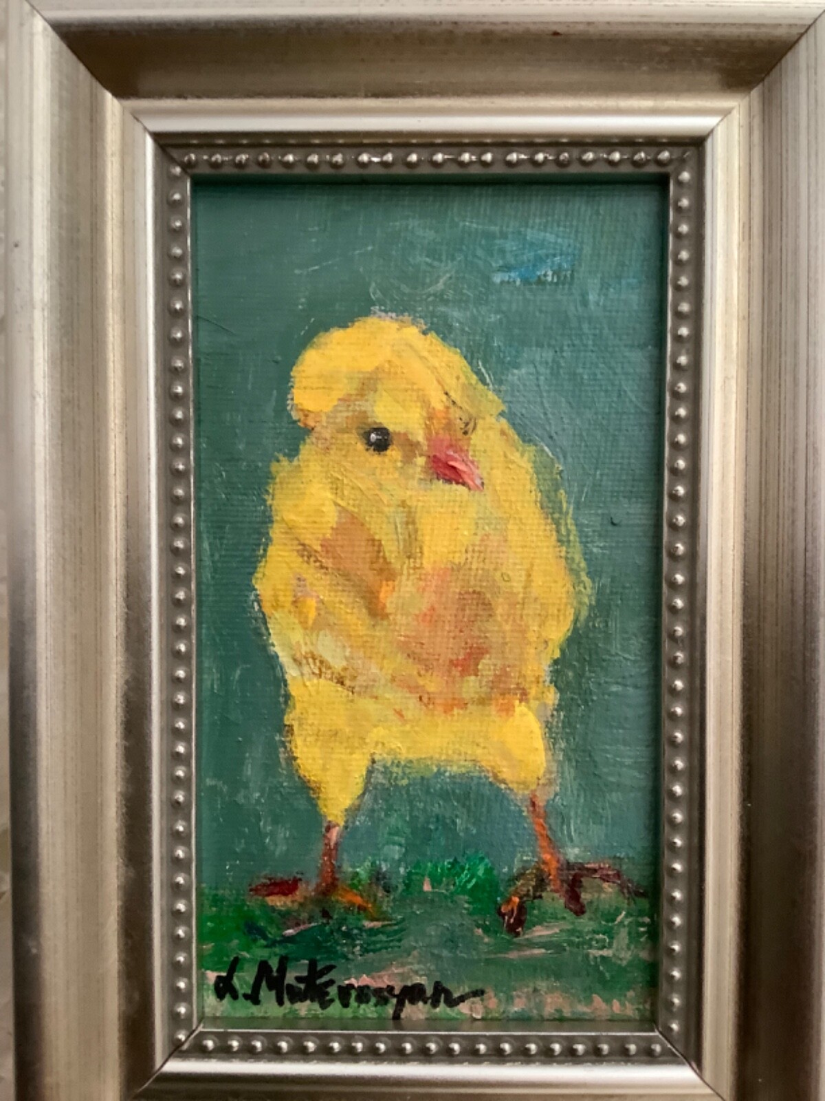 original framed small oil art bird 3”x5” impressionism signed