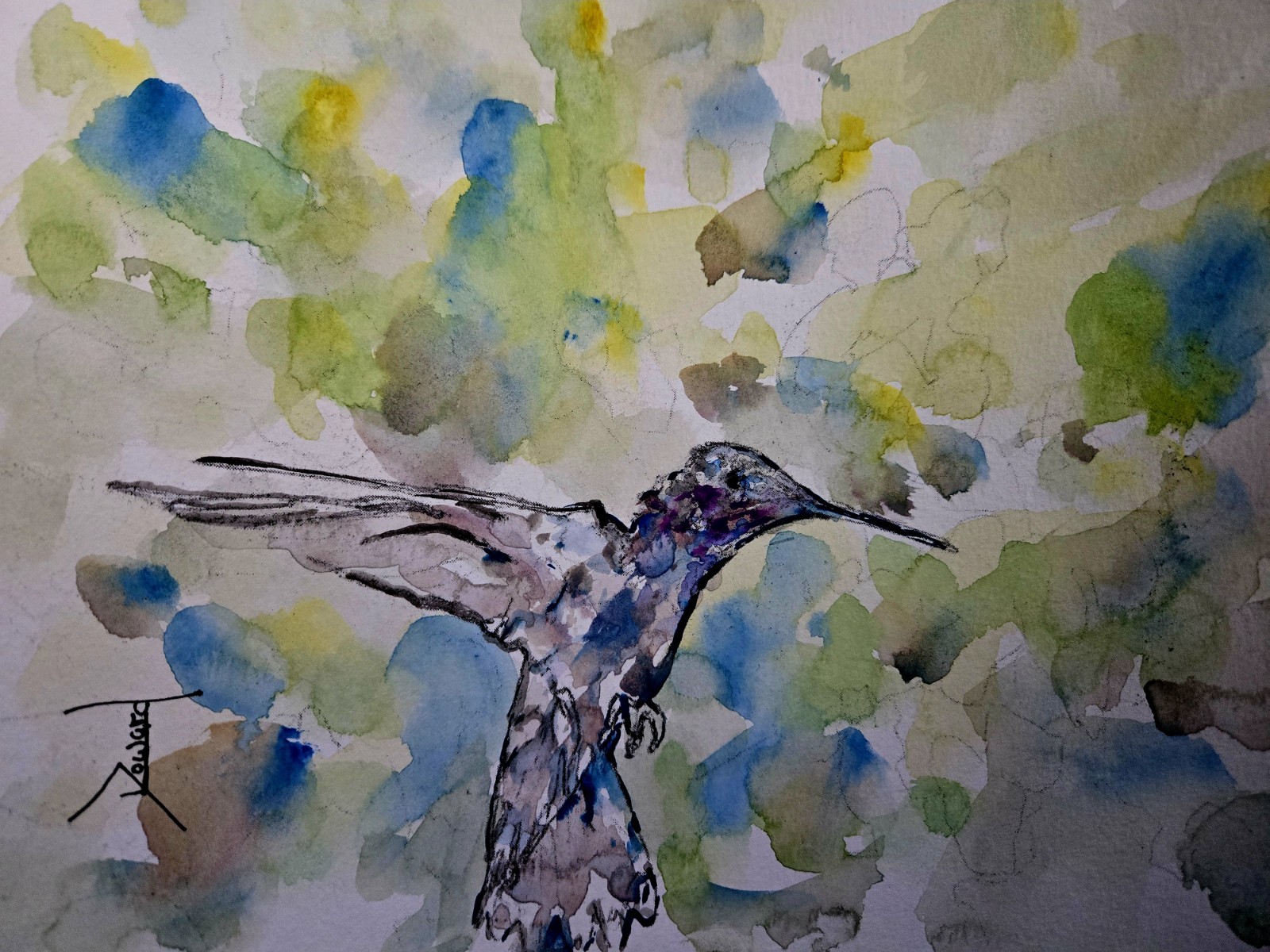 Original Hummingbird 8.5×11 Watercolor Painting » In Flight 1 «