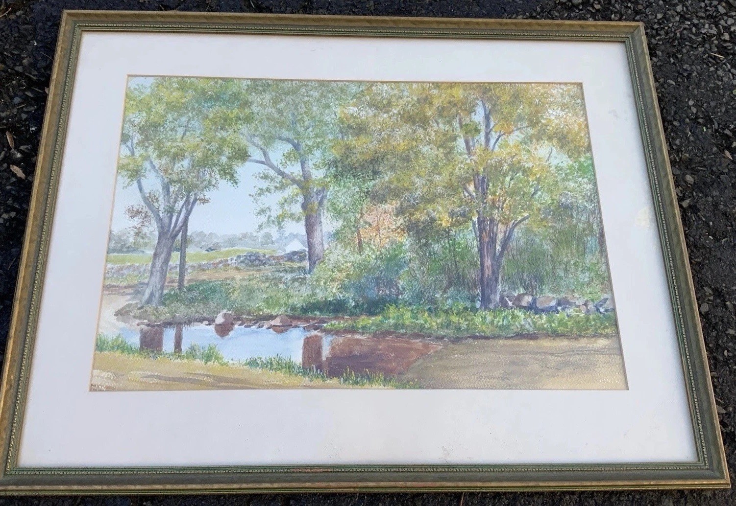 Vintage Original Landscape Watercolor Painting Trees Stream Framed Art 29×23