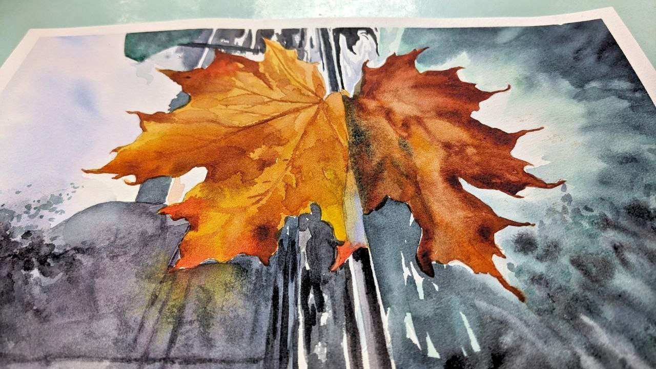 Autumn Orange Leaf in Puddle Reflection Watercolor Painting Seasonal City A4 Art