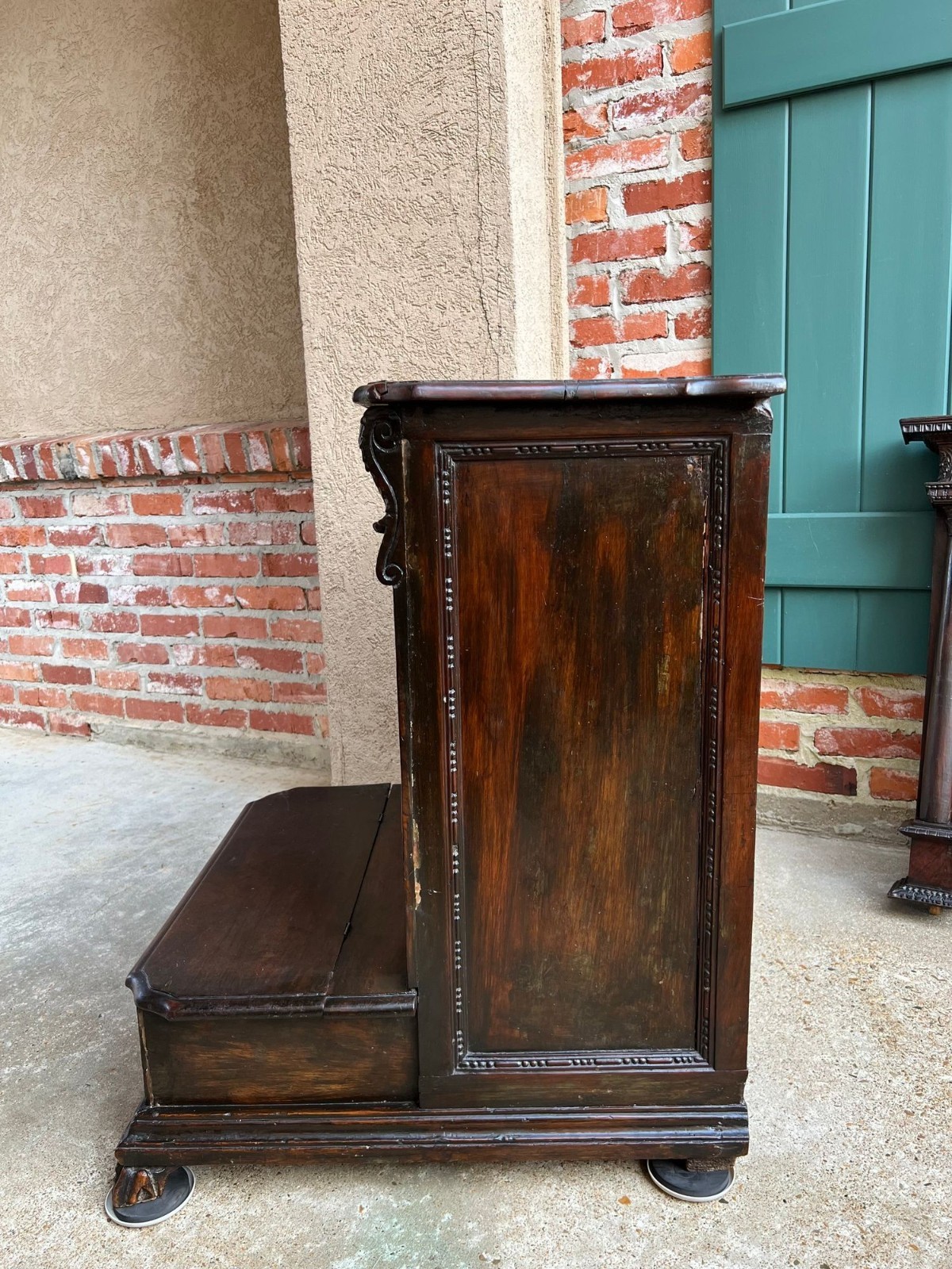 Antique French Gothic Devotional Cabinet Religious Painting Carved Oak Kneeler