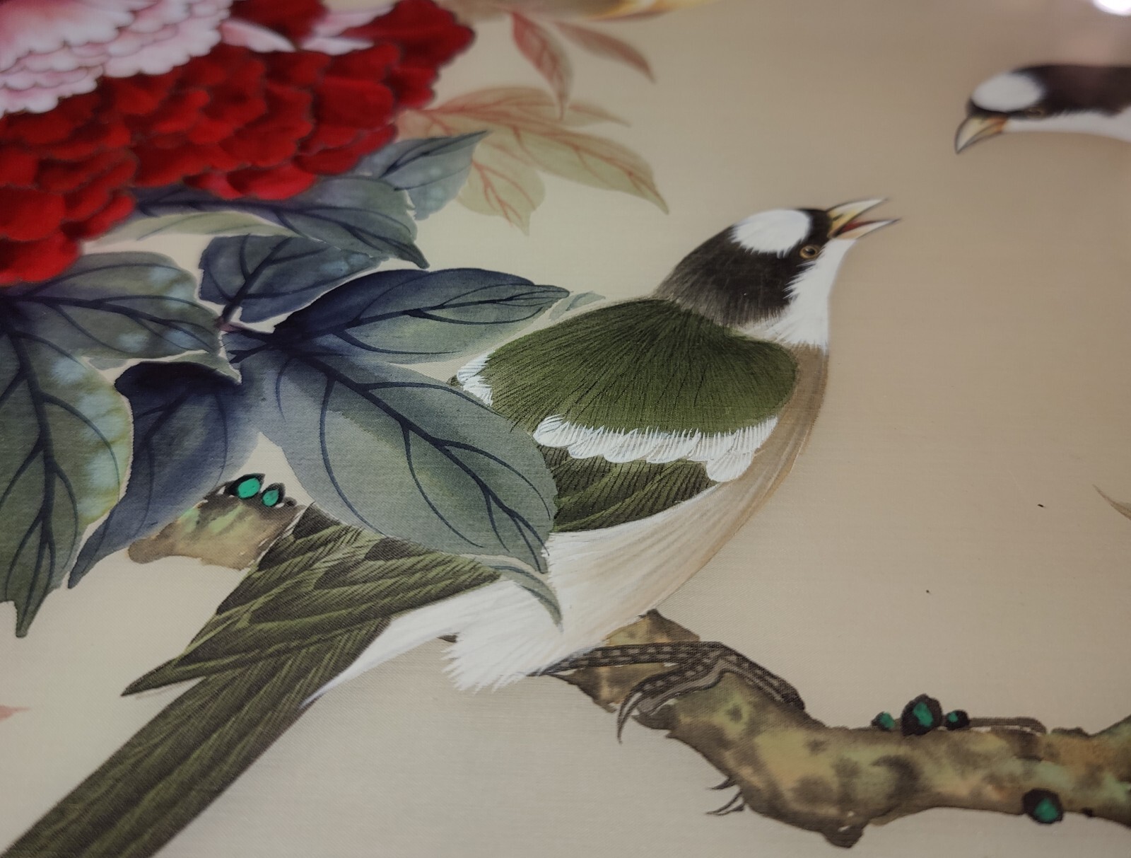 Silk Art Painting Bird Flower Branches Red Pink Gold Green Brown Frame Li Hong