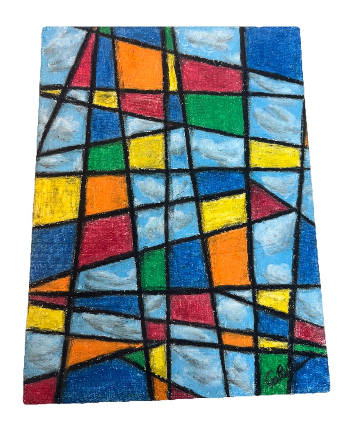 Vintage MCM Abstract Geometric Oil Painting Stained Glass Style Colorful Signed