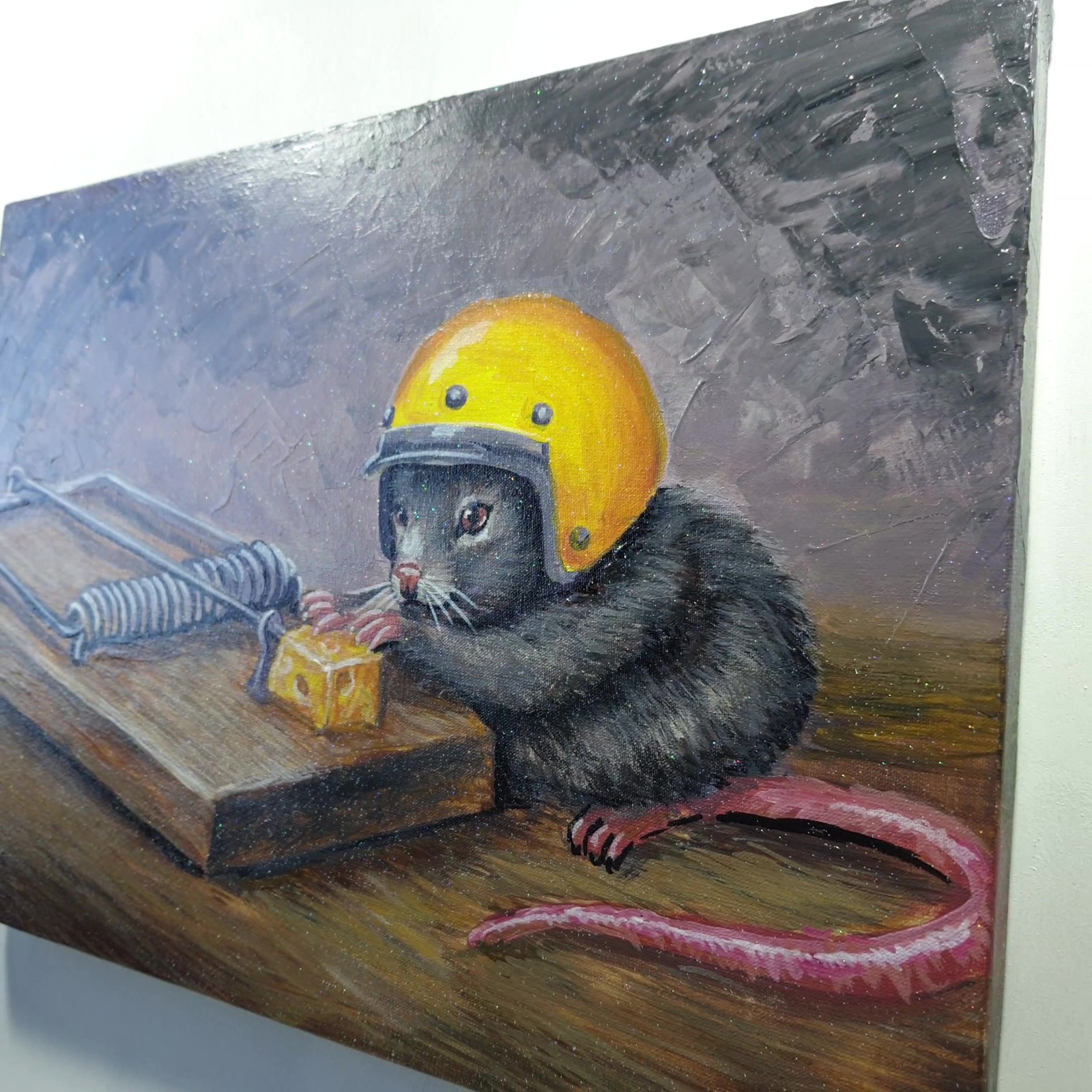 Original Acrylic Painting Mouse Yellow Helmet Cheese Trap Canvas Humor Wall Art