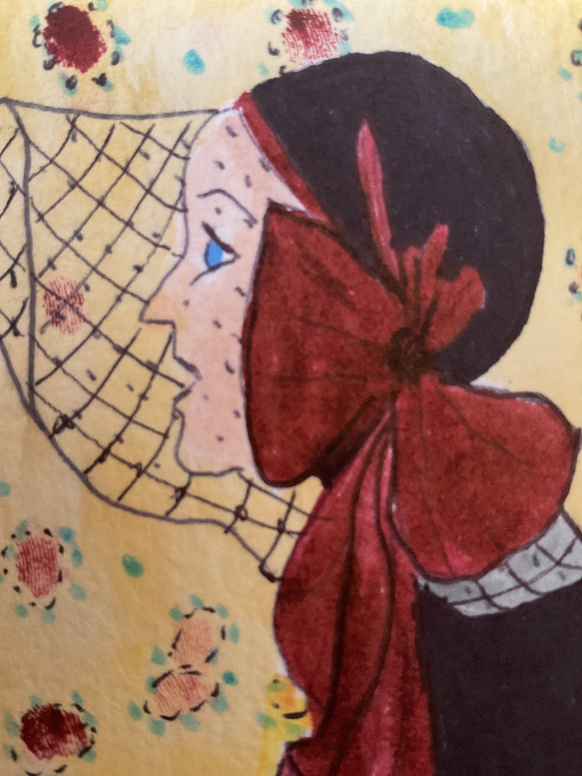 ACEO watercolor art by PJ, art card 2.5 x 3.5: lady in net hat.