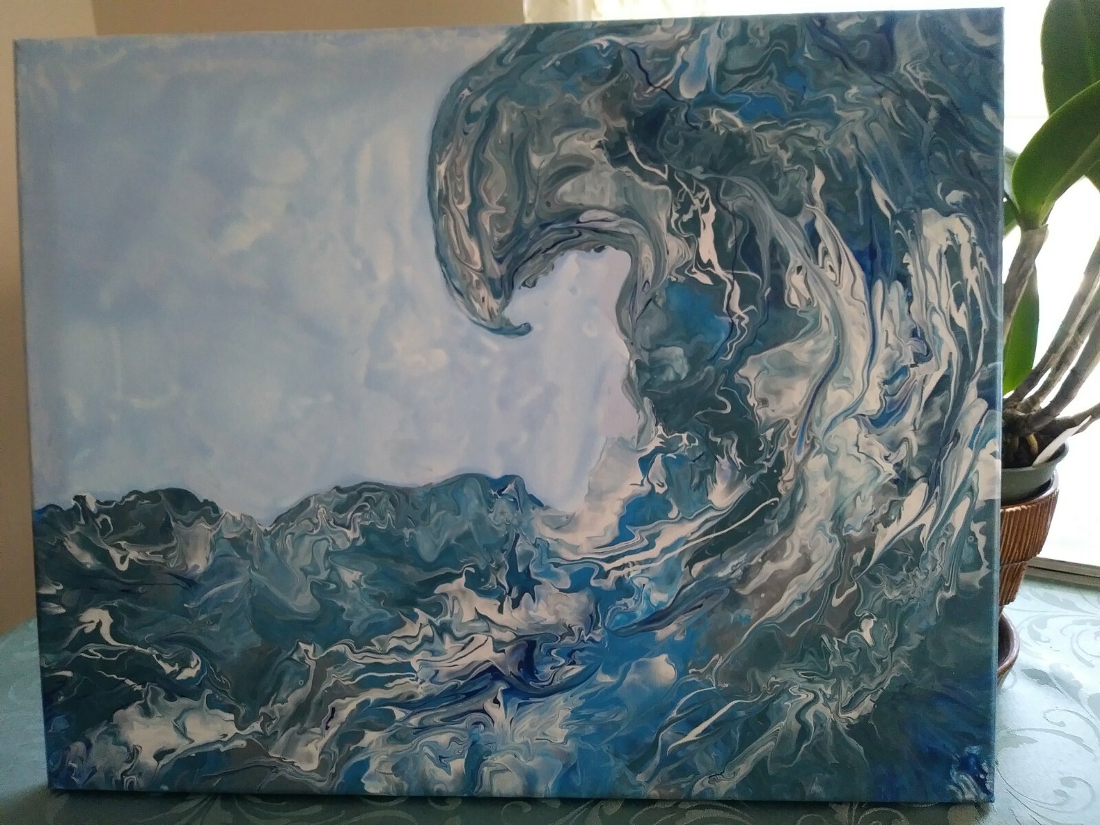 New Original «Blue Wave» Acrylic Pour 16″ x 20″ Canvas Art Wall Abstract Décor