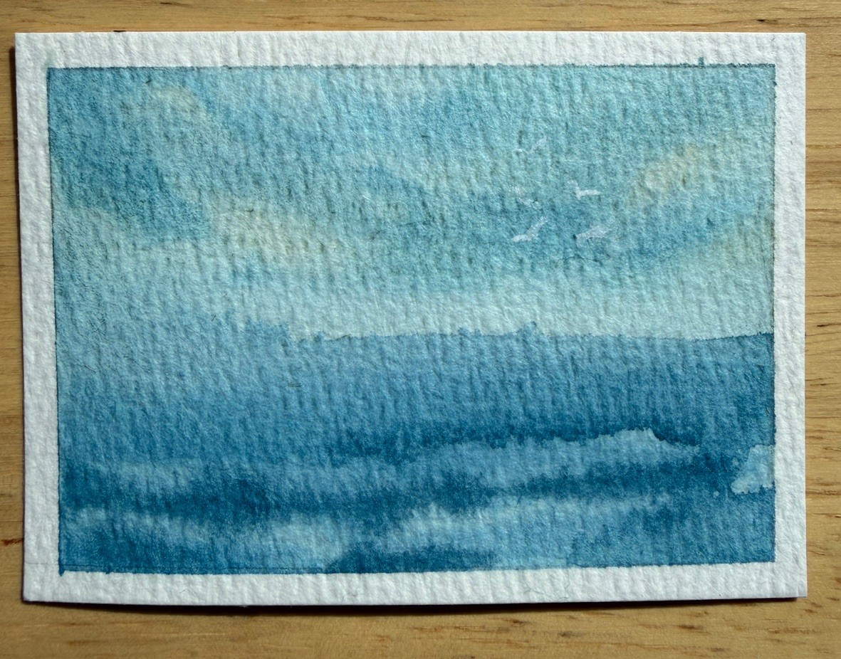 ACEO Original Art Card Watercolor Little Painting Water Ocean Wave 2.5 X 3.5