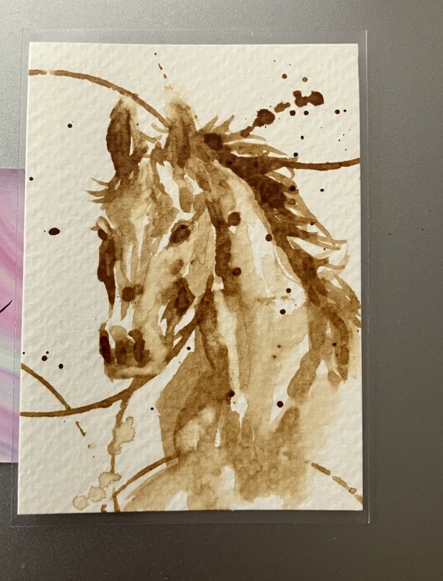 Original Coffee Horse Realism Painting Miniature Western ATC Art Gift USA Ettina