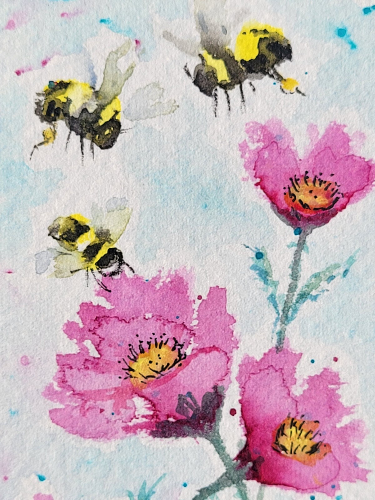 ACEO Bees Pink Purple Poppies Botanical Garden Art COA OOAK Diane Bentley
