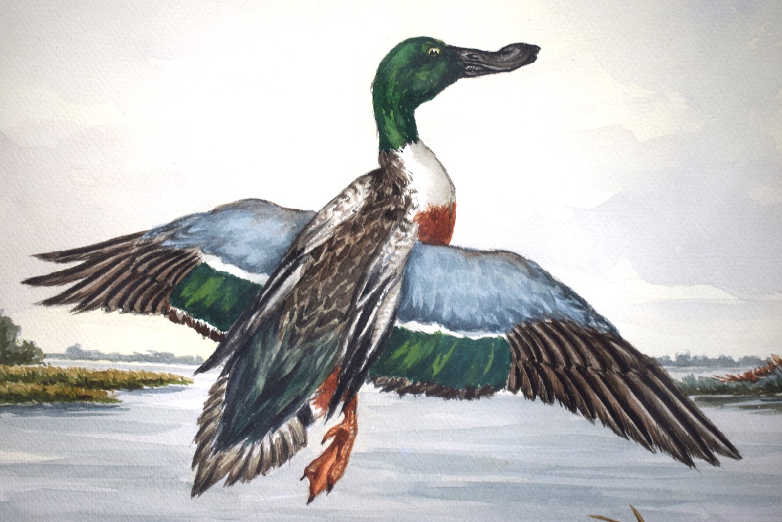 «Three Ducks In Flight Over Marsh» by Jean Herblet Ex- C.Z. Guest Estate