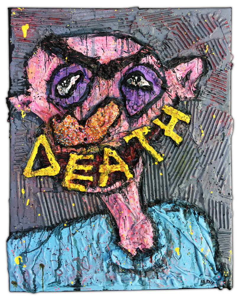 Original JUSTIN AERNI Large Painting circa 2017 canvas surreal : DEATH SMILE