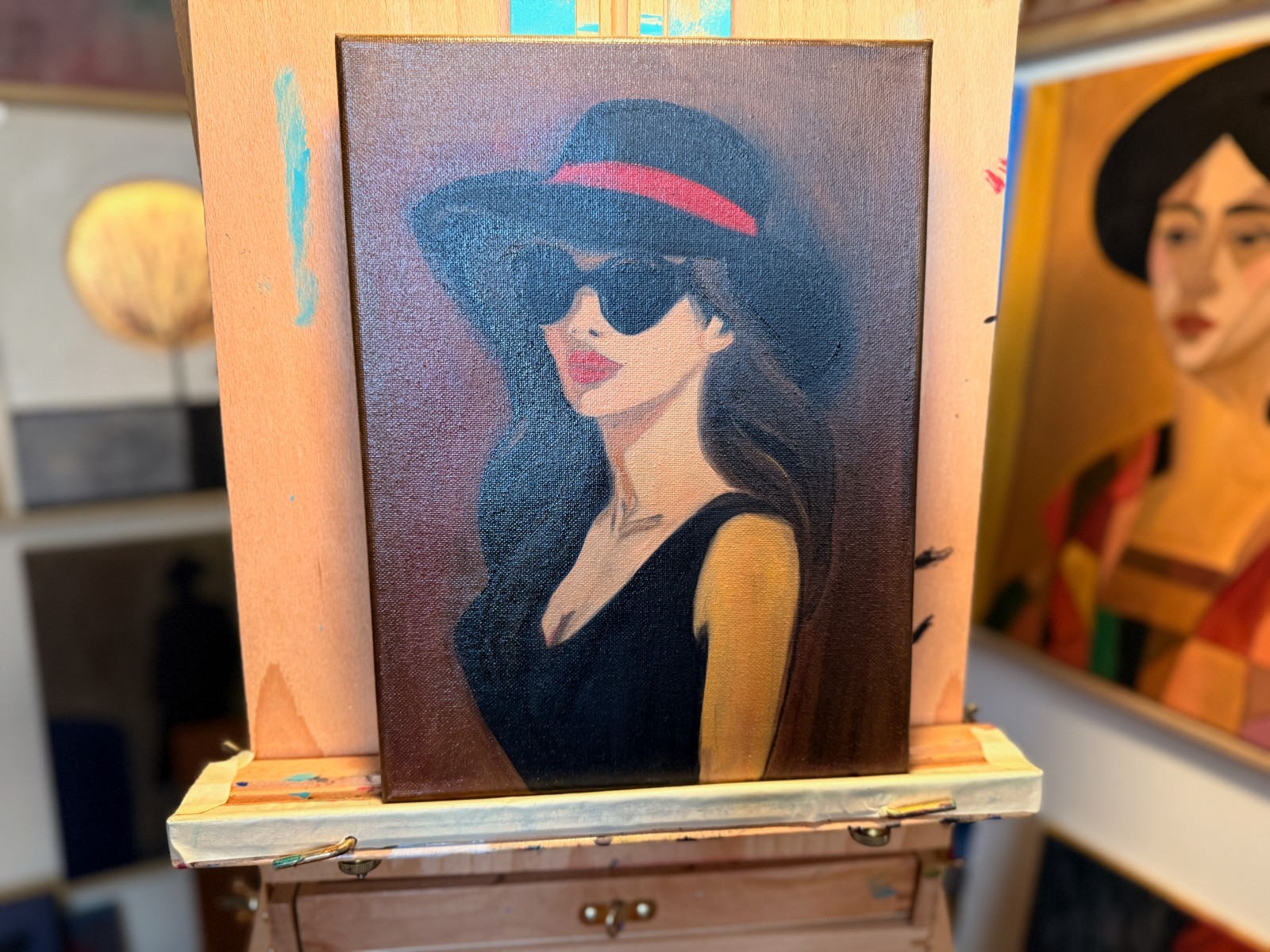 Original Oil Painting 9×12 – Fashion Portrait Woman in Hat & Sunglasses, Contemp
