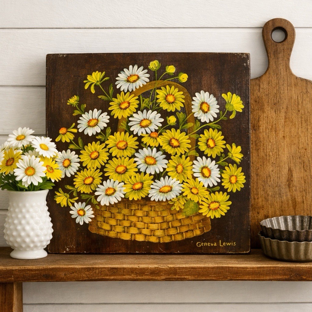 Vintage Folk Art Daisy Basket Painting Primitive Farmhouse Cottage Wall Art