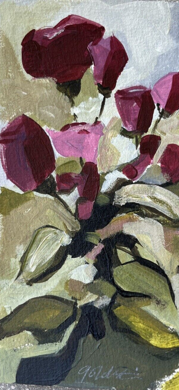 Original ACEO Art on Watercolor Paper Les Roses Tiny Acrylic Painting Signed
