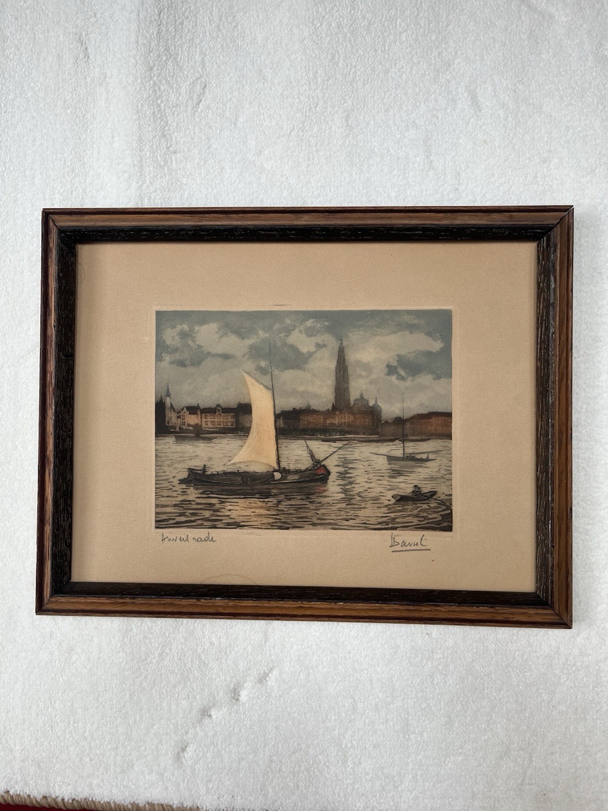 Vintage Etching Artwork “Rade du port d’Anvers” By Davul Skyline Of Antwerp