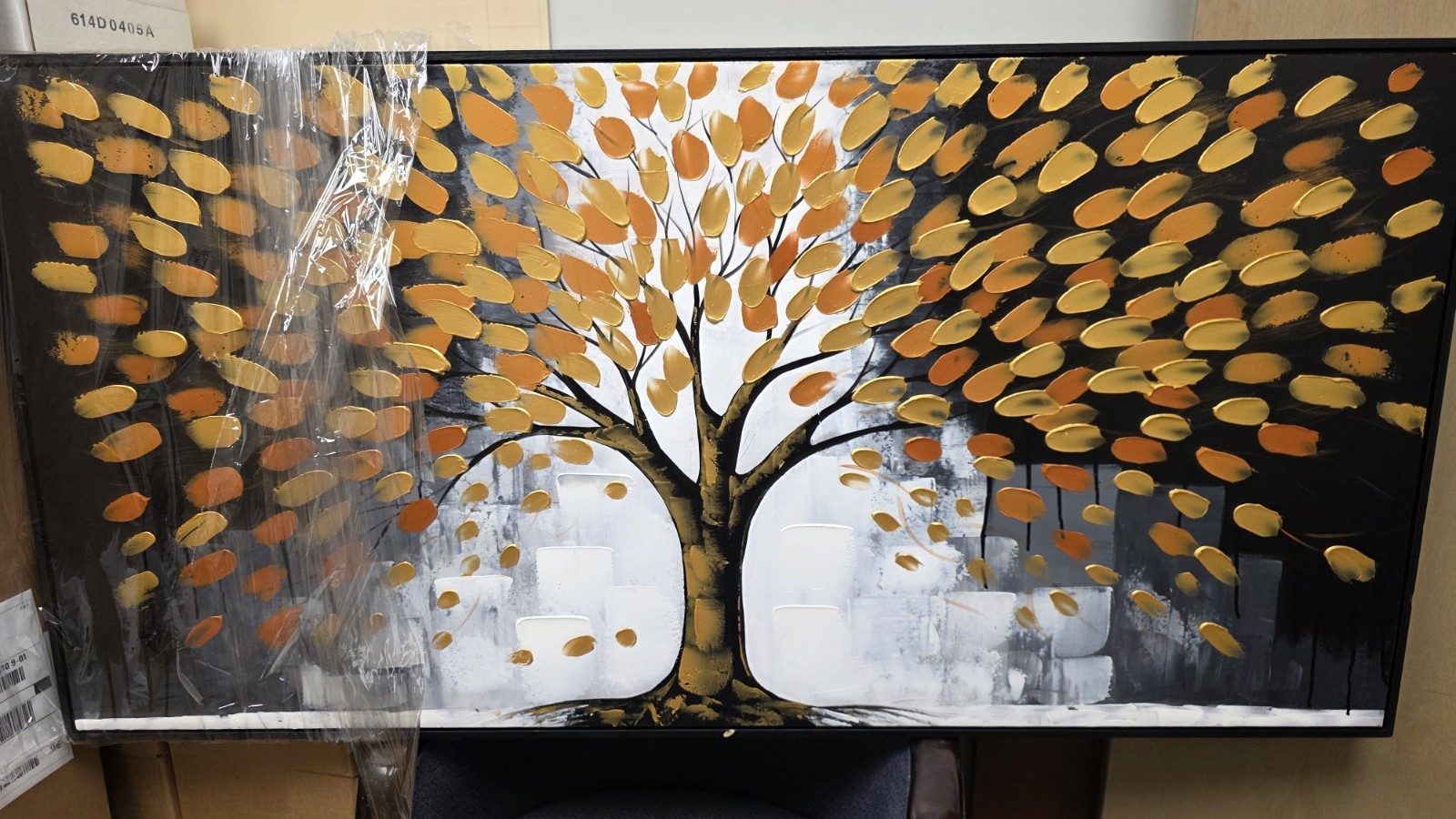 Original Retail $1189 Hand Painted linen Canvas Autumn Tree Leaves 60×30