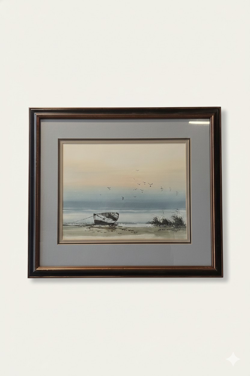 MCM Watercolor Painting Coastal Scene By Suraprison Framed Matted & Signed.
