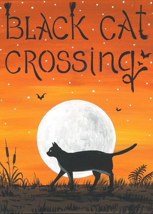 ACEO print of painting Ryta Halloween Black Cat Witch FULL MOON BAT Folk Art 🍁