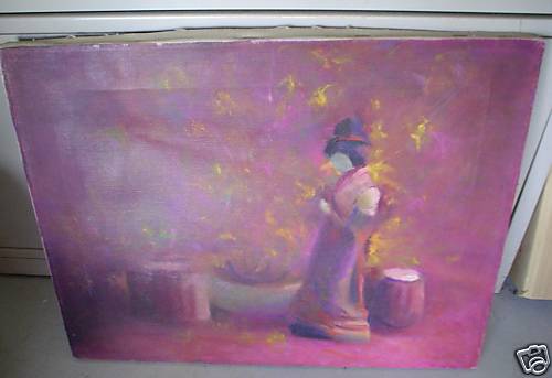 Vintage SIGNED Oil Painting Asian Woman in Traditional Dress by Estelle