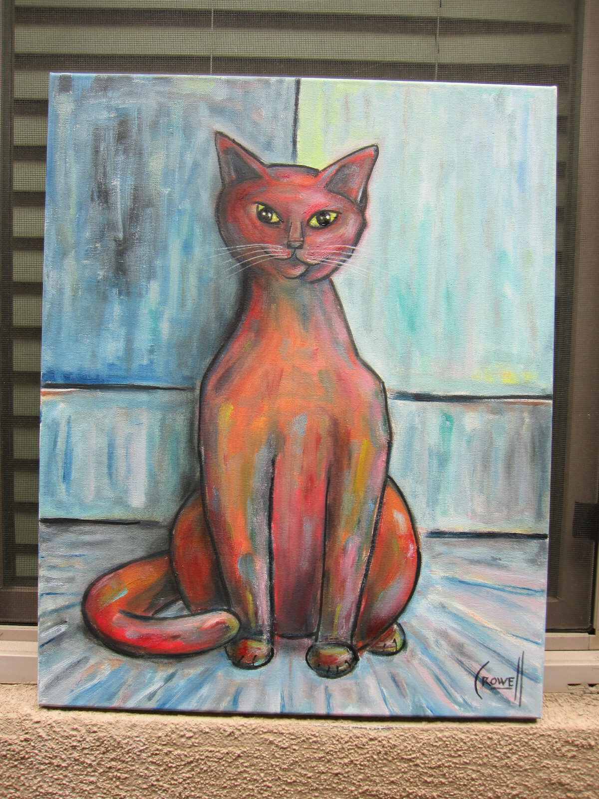 BIG RED CAT oil painting 16×20 canvas modern art feline original signed CROWELL