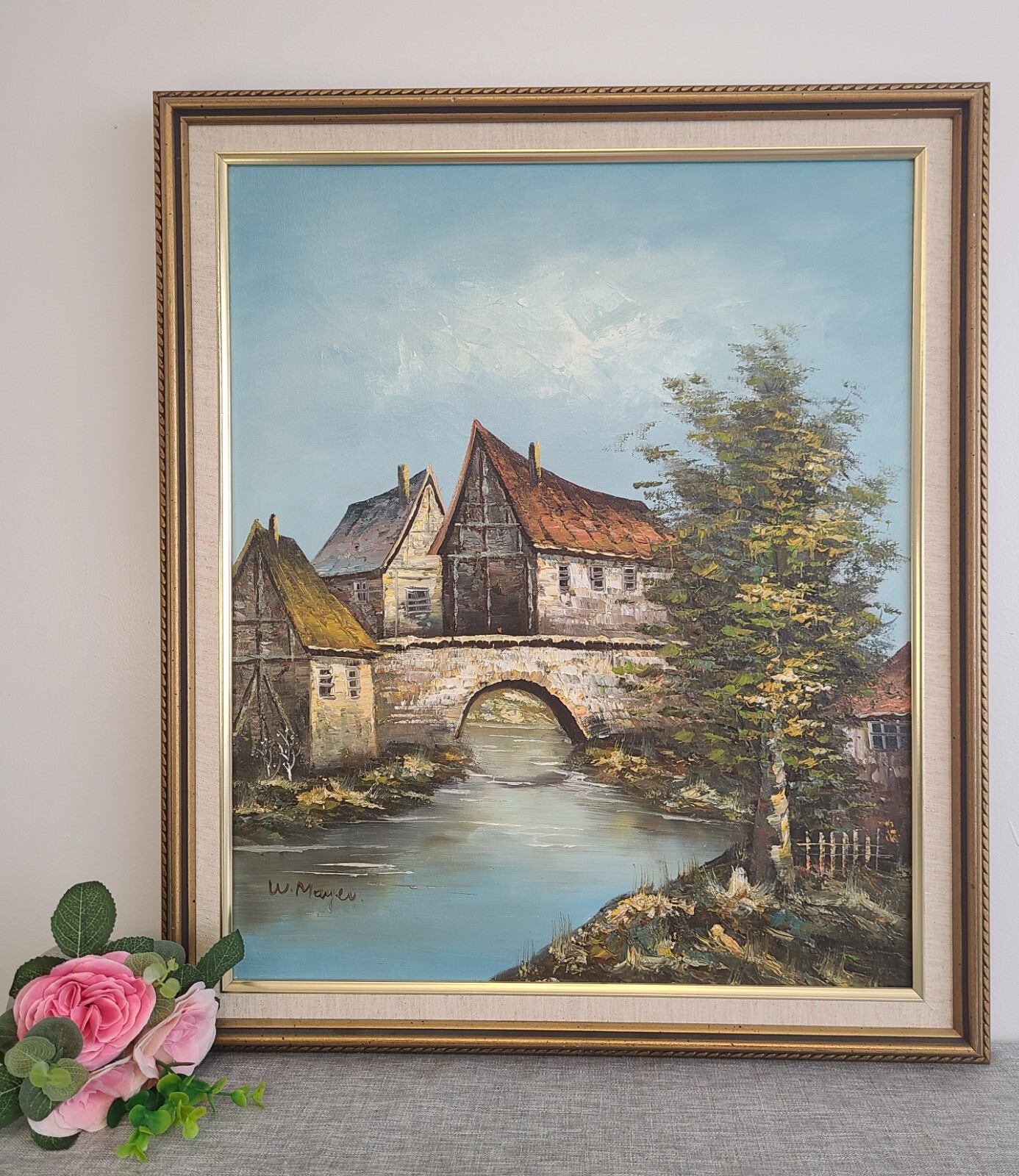 Vintage Original Oil on Canvas Painting signed W Mayer, Bridge Over Stream 28×24