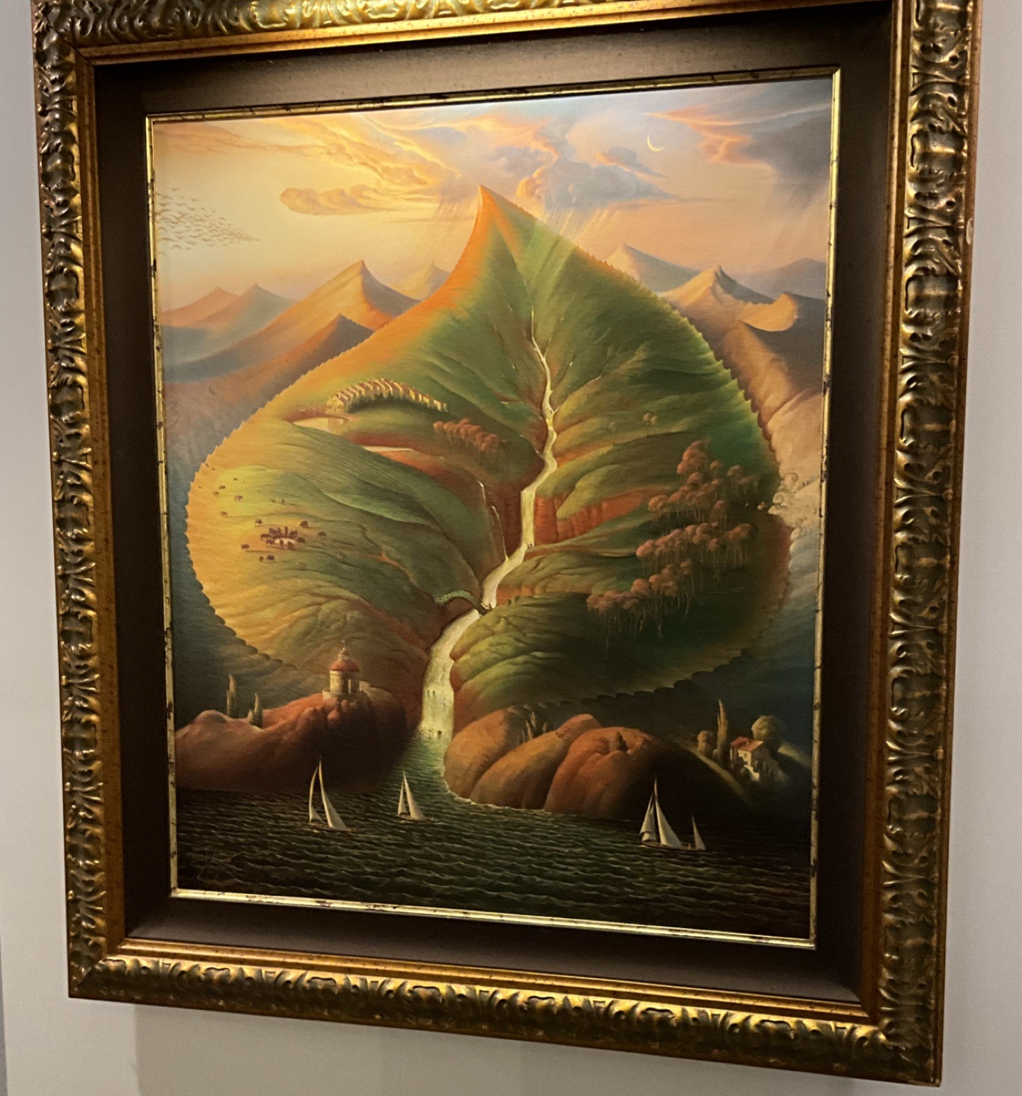 Framed Surreal Mountain Landscape Painting with Sailboats Signed Limited Edition