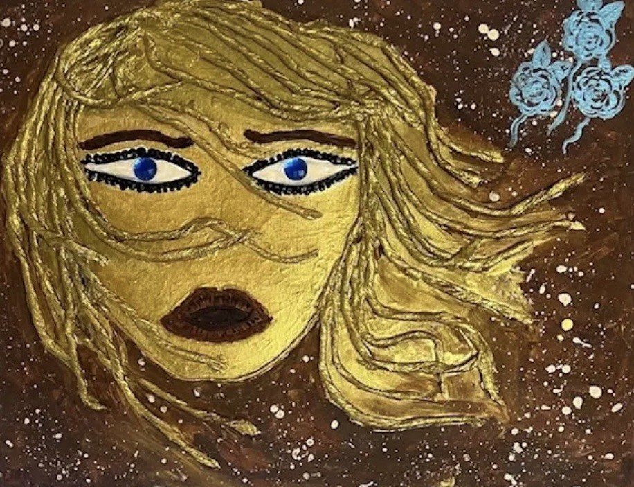 Abstract Textured Woman with Blue Flowers Painting on Brown Background Art