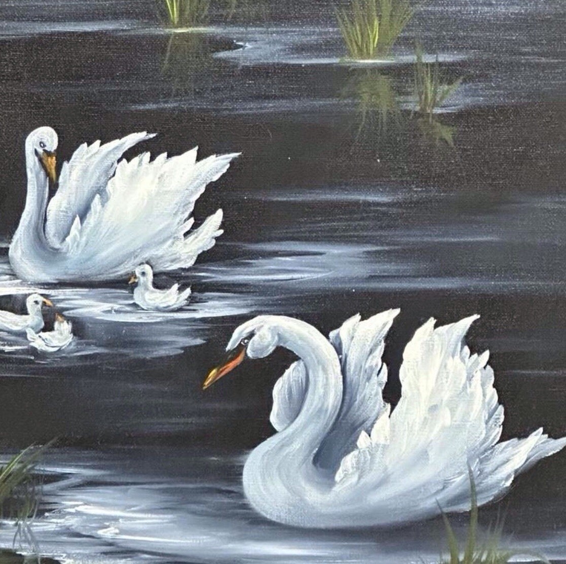 White Swans on Lake at Dusk 11×14 Original Acrylic Painting Coastal Art