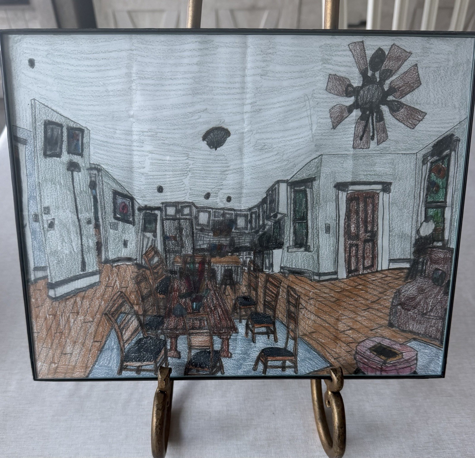 Original Interior Kitchen Dining Room Drawing Crayon Pencil Outsider Art Framed