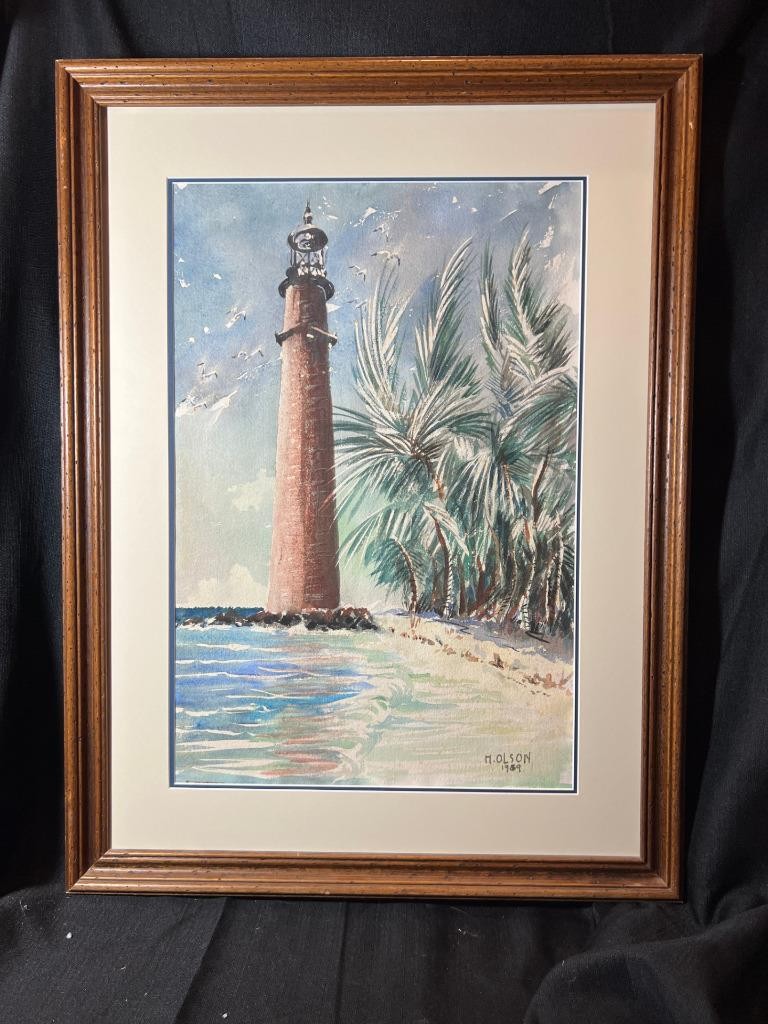 Vintage American Florida Beach Landscape Lighthouse Watercolor Painting M. Olson