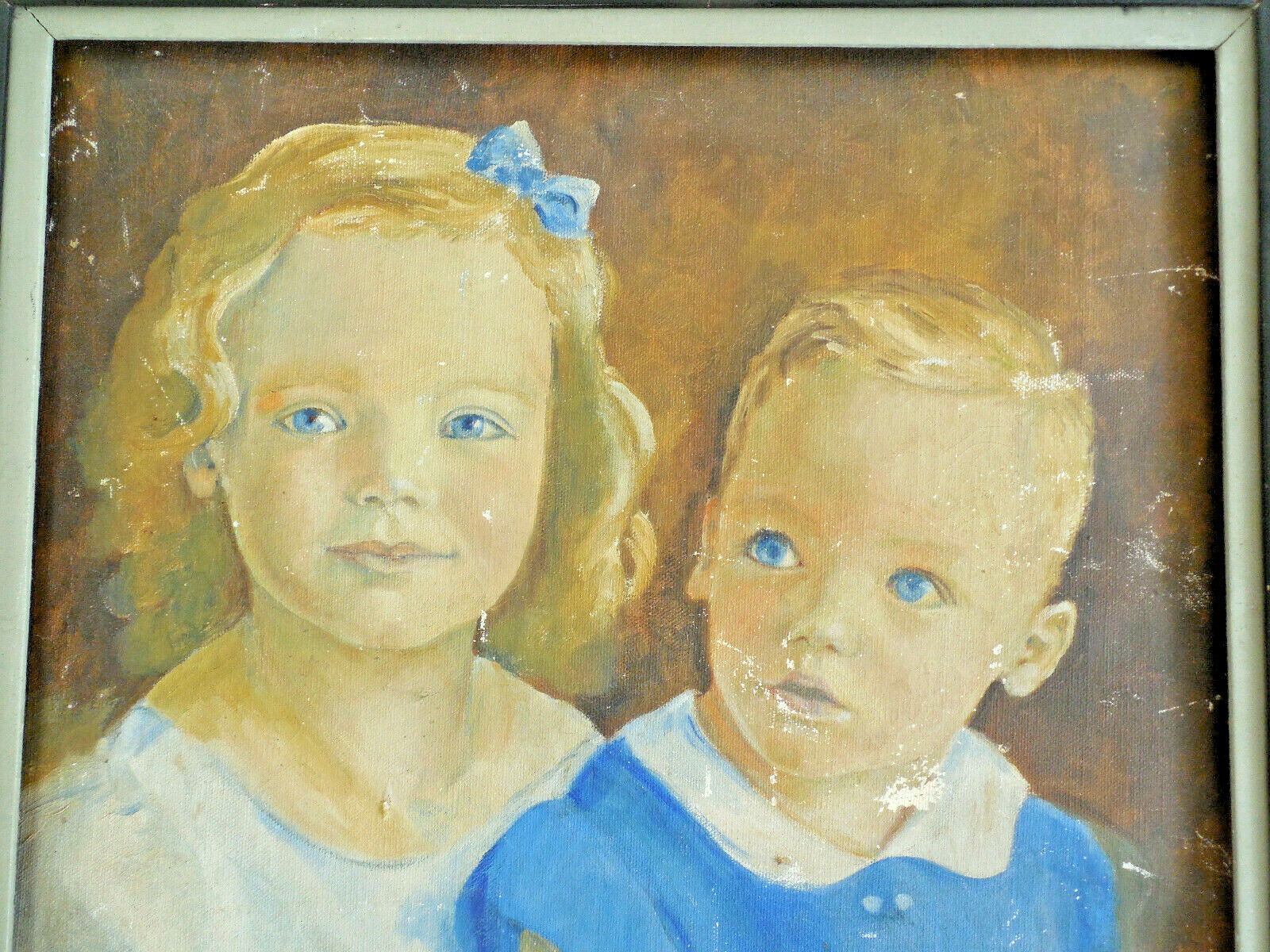 Vintage Child Portrait Blond Blue Eyed Girl Boy Original Antique Framed Painting