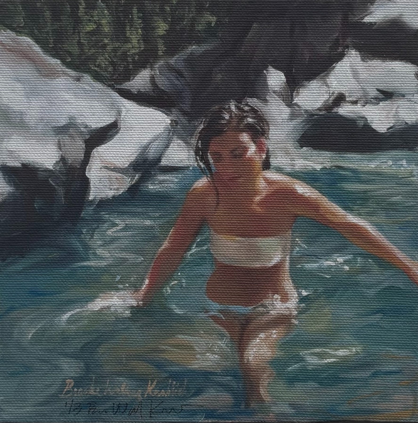 Woman in river cafe art original painting by living artist. 6×6″ print