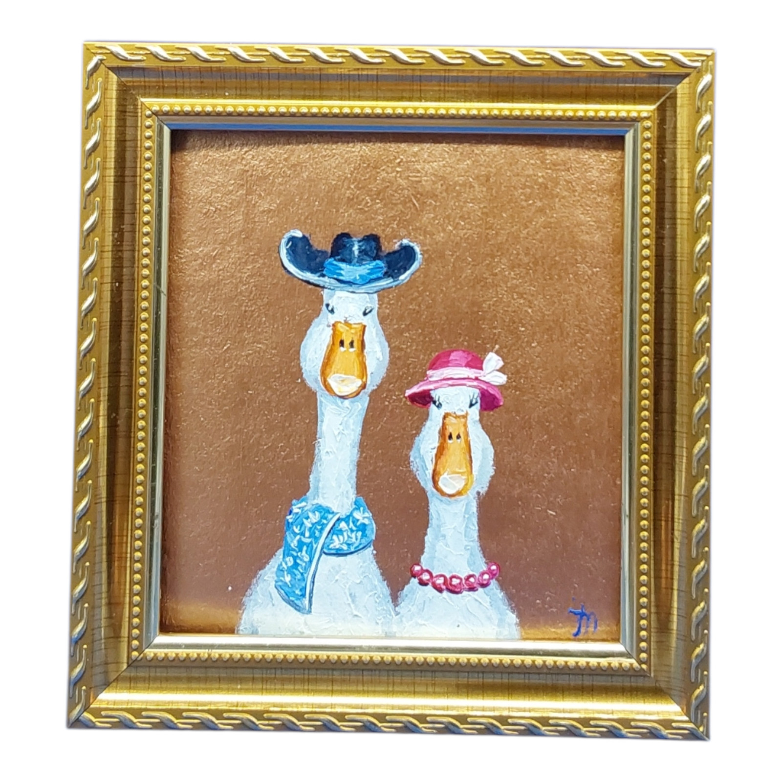 Funny Geese Original Oil Painting, Gold Framed Naive Art, Small Nursery Wall Art