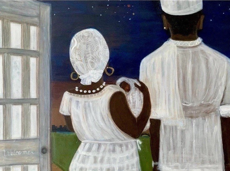Original 18×24” Modern abstract Father, Mother & Child painting Canvas Folk ART