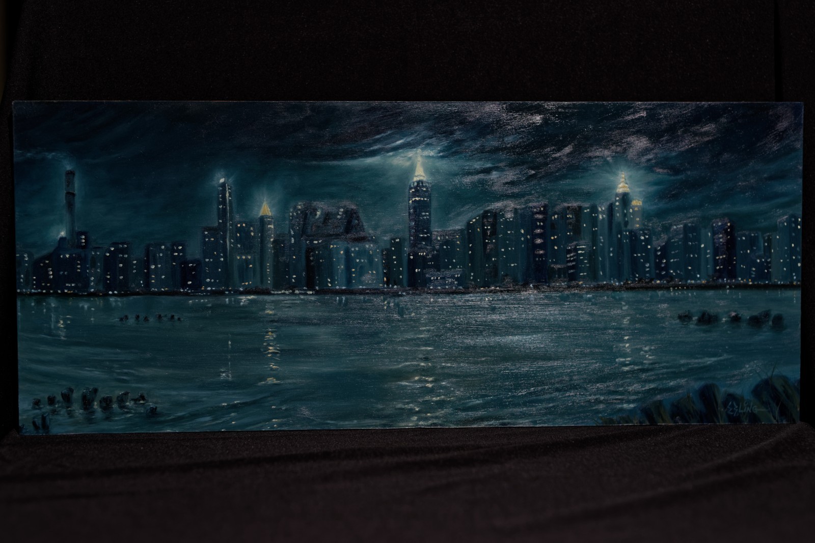 New York City Skyline Oil Painting Nocturn Night lights Brooklyn view East River